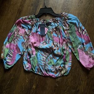 NWT Rachel Roy Crop Top Off Shoulder Puff Sleeve Tropical Bird Floral Blouse